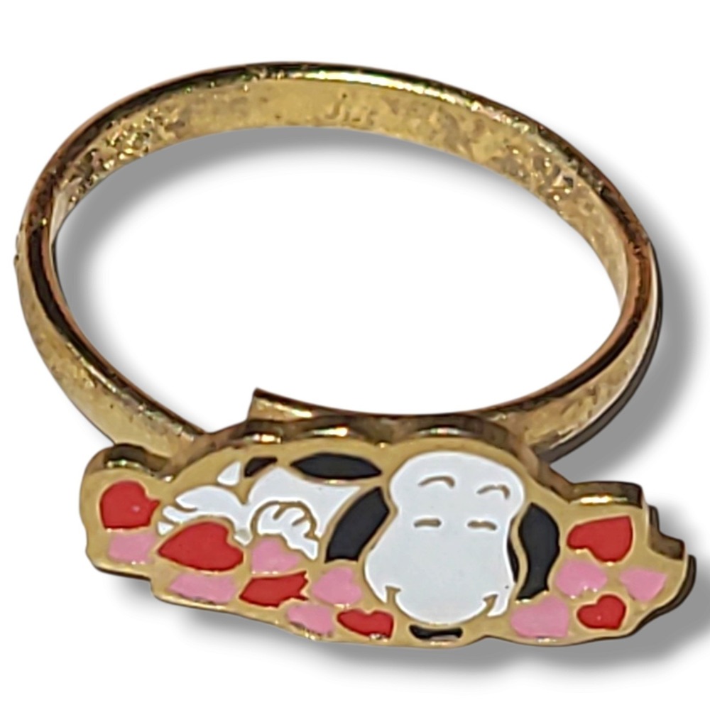 Vintage Snoopy Peanuts Gold Tone Ring Size 6 Aviva UFS 1970's Enamel Hearts
